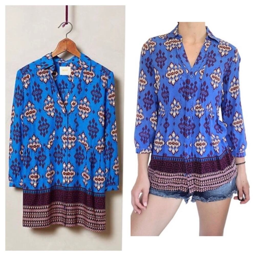 Anthropologie Maeve Woodland Walk Blue Boho Popover Button Top Size 8 - Picture 1 of 15